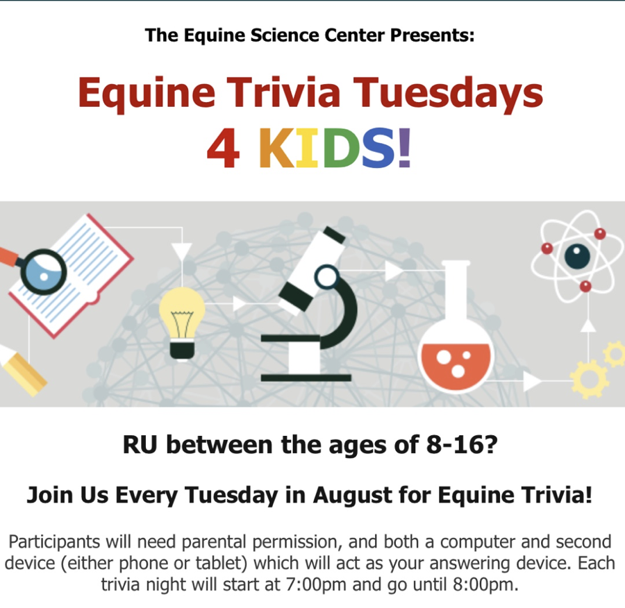 RutgersESC's tweet photo. Are you between the ages of 8 - 16? Ask your parents’ permission, and join us tomorrow night from 7:00pm – 8:00pm for the second edition of  for Equine Trivia Tuesdays 4KIDS!

Register at: https://t.co/Bd3oZOAYmx

#RUESC #Rutgers #EquineTriviaTuesday #EquineScience4Kids! https://t.co/KhlYsRO5Oj