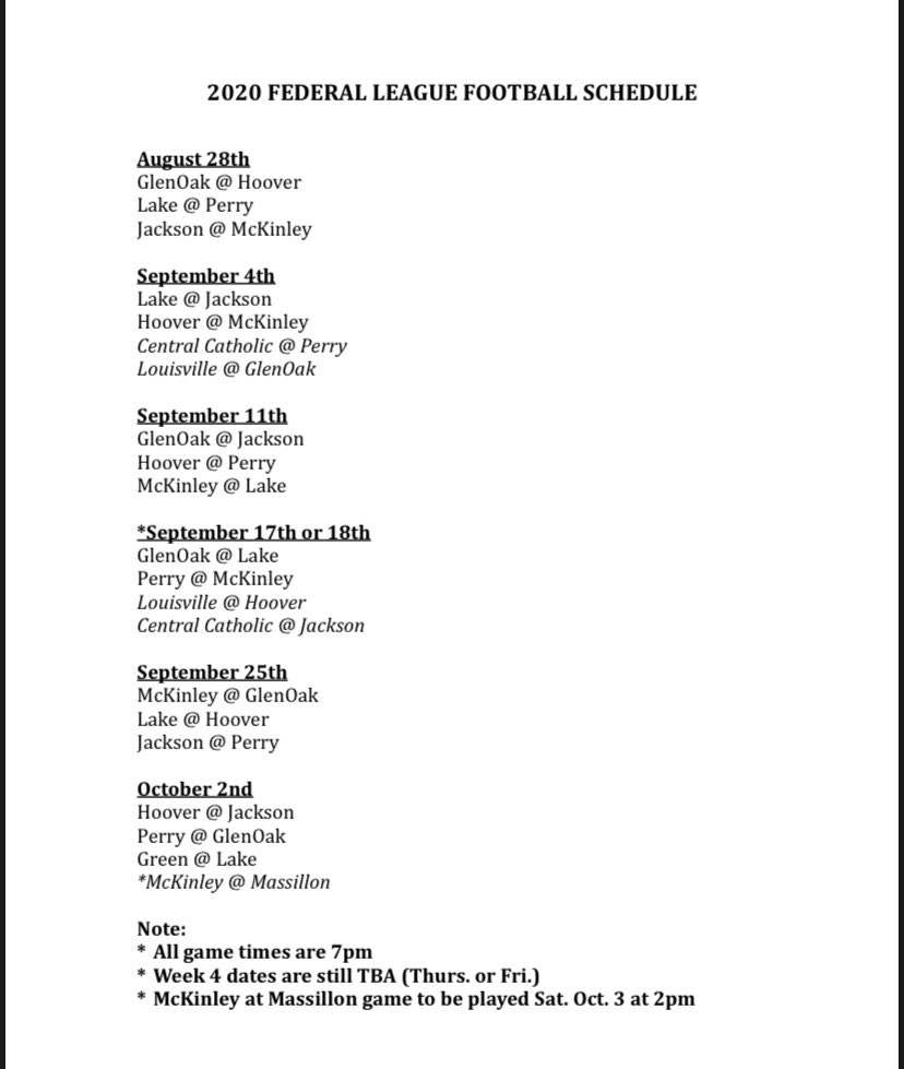 1480whbc's tweet photo. Updated @FederalLeagueOH schedule sent to WHBC. Take a look. @MassTigers2020 set to host @CantonMcKinley on October 3rd. #WHBCSports https://t.co/orhFz2AQIa