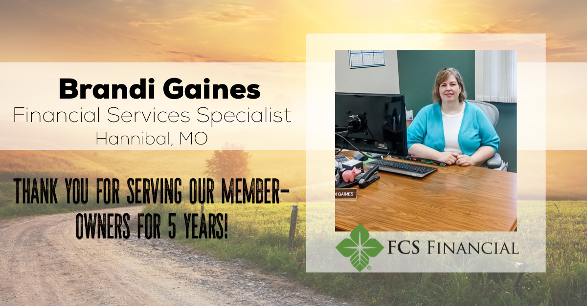 FCSFinancial's tweet photo. Congratulations to one of our Hannibal team members, Brandi Gaines! Today she celebrates 5 years with us. Brandi shares, "I really enjoy working with and getting to know everyone at FCS Financial. My time here has only gotten better." #TeamFCSF #AgCareers #workanniversary https://t.co/t3lkIuNsBk