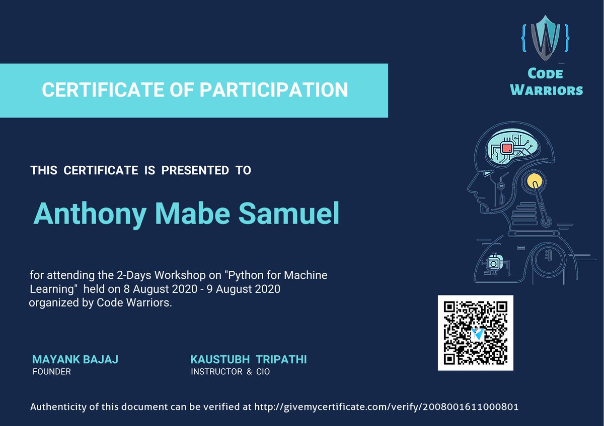 IamMabeAnthony's tweet image. Two Day's inisght on Python for machine learning was an amazing workshop.
@code Warriors 🙏🙏 for the award
Can't wait for more on deep learning for fruit classification
#codewarriors #NLP #MachineLearning #ComputerVision #codewarriorslife #python #givemycertificate