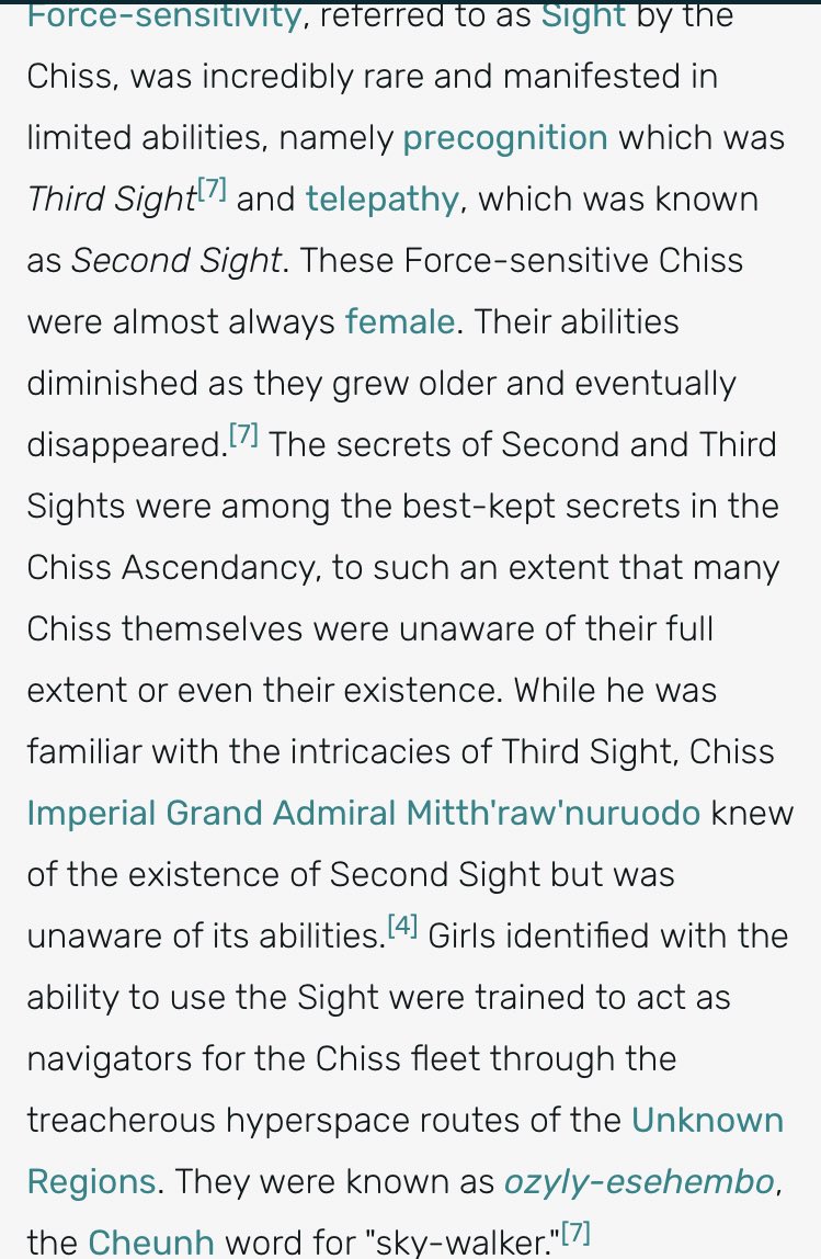 Well in the Thrawn book released 2018 (but finished in 2017) we’re - and Anakin - are introduced to a new concept:Chiss females are usually the only ones to have the force in their culture. They use their gifts to navigate in the UR.The title they get: Skywalker