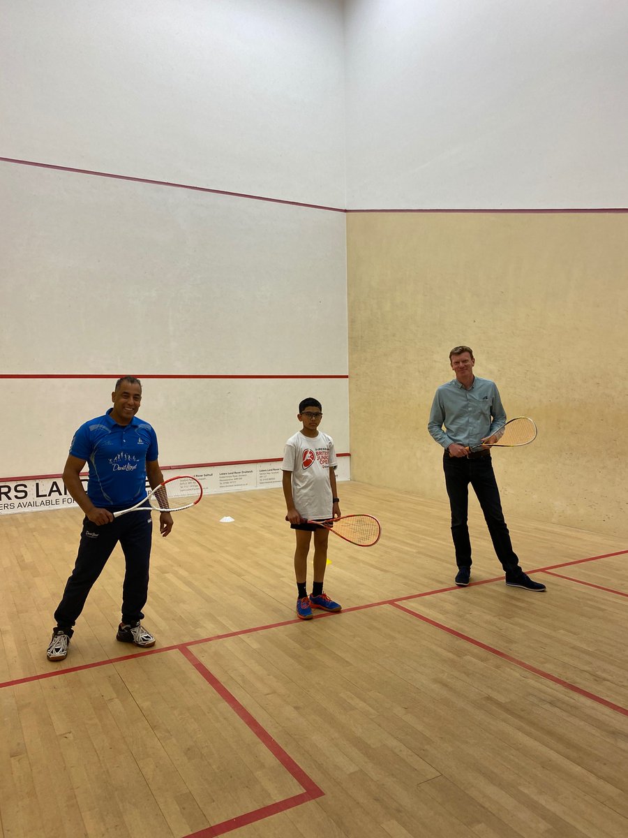 Fdlsquash's tweet photo. @DLCSquash Great news for squash at David Lloyd Solihull when DL CEO Glenn Earlam visited the club and gave his support for squash, Mr Earlam pictured on the squash court with one of our u11 star vinayak  Chikermane,and Coach Fathi Seliman https://t.co/UiNw3v5FFq