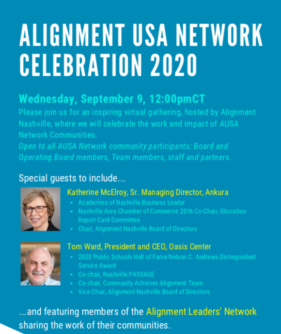 Please join us for the Alignment USA Network Celebration 2020 - an inspiring virtual event hosted by <a href="/AlignNashville/">Alignment Nashville</a>! RSVP here: shorturl.at/nyIY3 and we look forward to seeing you all on September 9th!