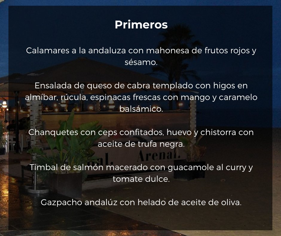 gruparenal's tweet photo. Menú especial en Arenal Restaurant todos los días de la semana por la noche (excepto martes que estamos cerrados) y los fines de semana también al mediodía. #Gruparenal #Arenalrestaurant #menuespecial #menuverano https://t.co/JvIRM8N3Hq