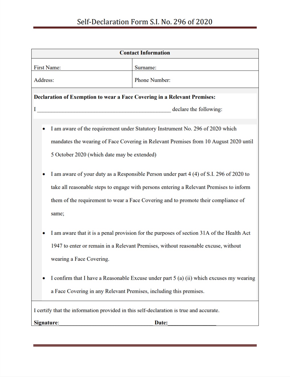 Tracey O&rsquo;Mahony on X: &ldquo;Self Declaration Mask Exemption Letter 