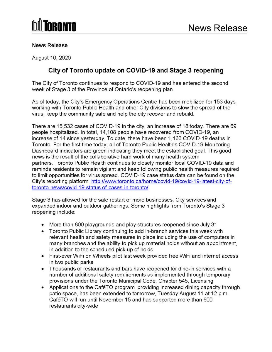 cityoftoronto's tweet photo. #CityofTO update on #COVID19 and Stage 3 reopening. News release: https://t.co/qu5RZ5kKtl https://t.co/Ma1bQrHsIz
