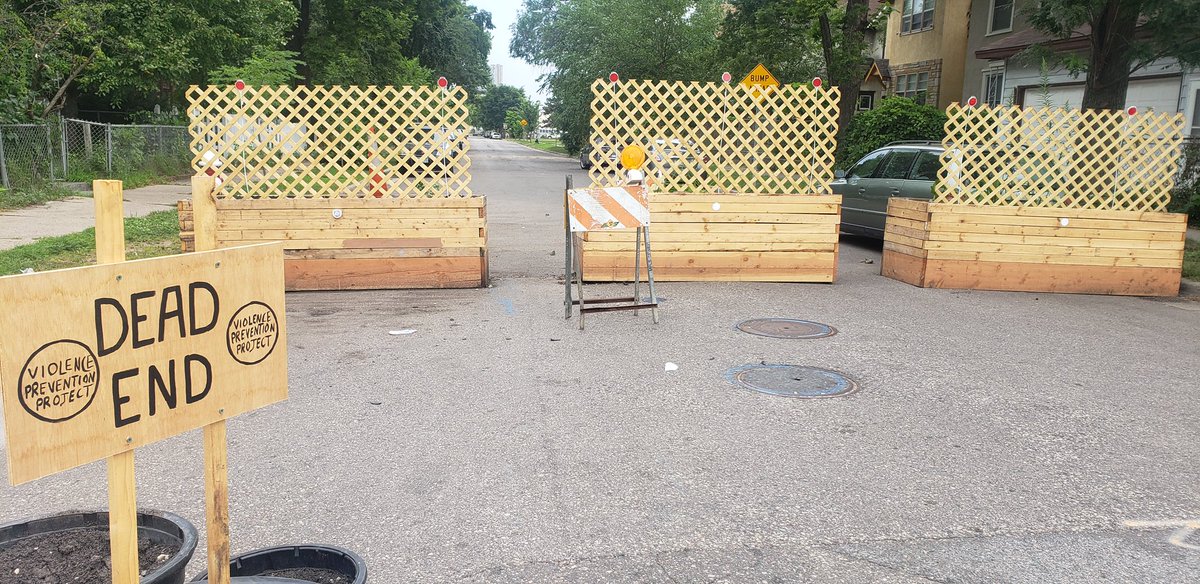 The most interesting thing I’ve seen is at E. 26th St and 18th Ave S, where the whole intersection is now blocked off by planters. It seems, with the Violence Prevention Project logo, that the goal here is not traffic violence but gun and other inter-personal violence.