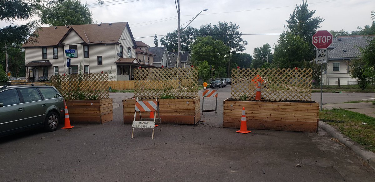 The most interesting thing I’ve seen is at E. 26th St and 18th Ave S, where the whole intersection is now blocked off by planters. It seems, with the Violence Prevention Project logo, that the goal here is not traffic violence but gun and other inter-personal violence.