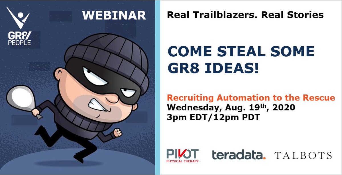 DSmith_gr8's tweet image. Automate to Innovate! #RecruitingAutomation to the rescue with clever ideas from Talbots, Pivot Health and Teradata on Wed., 8/19. Register today! ow.ly/sTfi50AVnnz