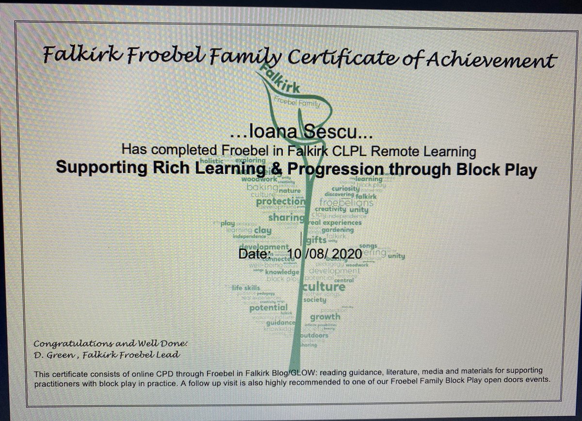 FalkirkFroebel's tweet photo. Big well done to Ioana Sescu👏@ Falkirk Supply EYO Completing Froebel in Falkirk ~ Supporting Rich Learning and Progression through Block Play💕🌈#FalkirkFroebelRemoteCLPL #BlocksRock @FCEYteam #FCEYRemoteCLPL https://t.co/tjeizcx5dn