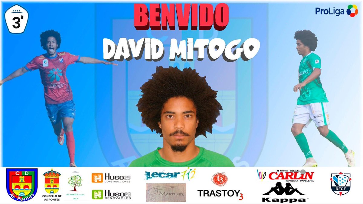 cdaspontes's tweet photo. 3ª División - Plantilla 2020/2021 - Fichaxes✍️

- David Mitogo
- 30 anos
- Dianteiro
- Procede da @somozas_ud 
- Ex de @CD_Arenteiro , @CDBarco e @UnionistasCF 
- Internacional en tres ocasións con Guinea Ecuatorial

Benvido á túa nova casa, @Mitogo7 🙂 https://t.co/DE4de7nlfg