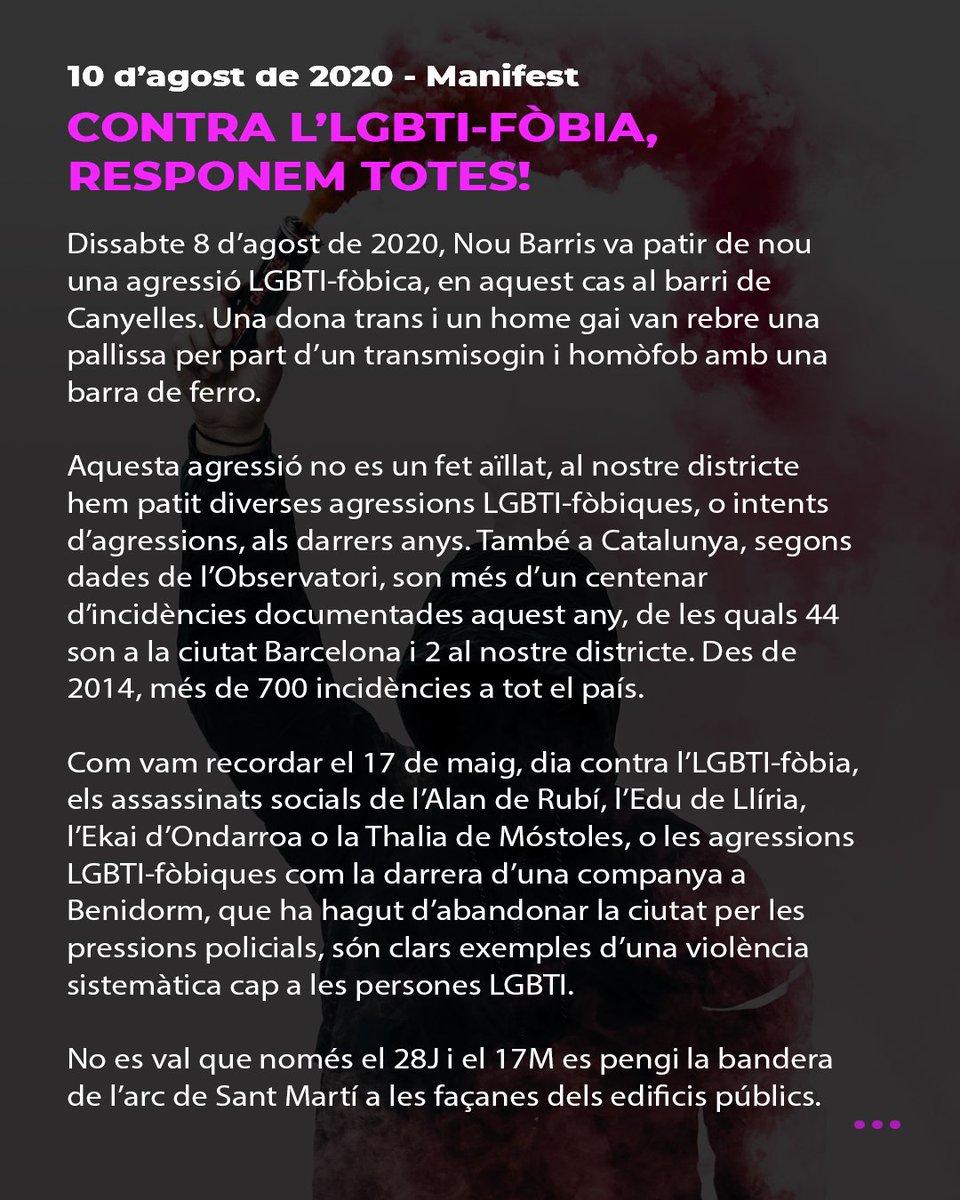 NouBarrisLGBTI's tweet photo. Un crit de suport a les dues companyes agredides, i un missatge molt clar: aquest dissabte, no només van agredir a dues persones, ens van agredir a tot #NouBarris! 

Contra l'LGBTI-fòbia, responem totes!

#9BContraLGBTIfobia https://t.co/SJ6nFmwuwP