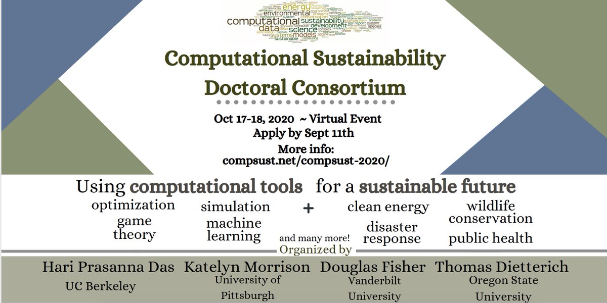 hpdas17's tweet image. Join us for the Computational Sustainability Doctoral Consortium #CompSust ! Discuss computational approaches to sustainability: clean energy, disaster relief, wildlife conservation &amp;amp; more!
When: Oct 17-18, 2020
Apply by: Sept 11, 2020
Info: compsust.net/compsust-2020/
@compsust