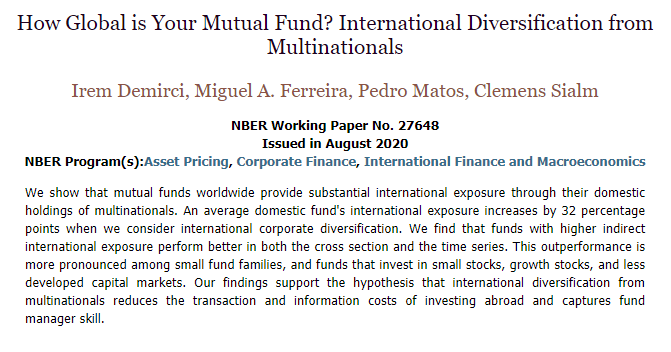 NBER (@nberpubs) on Twitter photo Mutual funds that invest in domestic multinational firms provide substantial international diversification and generate superior performance, from Irem Demirci, Miguel A. Ferreira, Pedro Matos, and <a href="/csialm/">Clemens Sialm</a>
nber.org/papers/w27648 Mutual funds that invest in domestic multinational firms provide substantial international diversification and generate superior performance, from Irem Demirci, Miguel A. Ferreira, Pedro Matos, and <a href="/csialm/">Clemens Sialm</a>
nber.org/papers/w27648