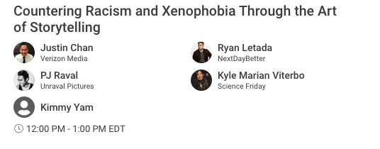 NextDayBetter's tweet photo. Join @NextDayBetter CEO,  @rletada and fellow storytellers for a panel on Combatting Racism and Xenophobia Through the Art of #Storytelling | 8/15 12pm EDT 

Asian American Journalist Association @aaja Fest #AAJA20 Learn: https://t.co/O2pQz9D4rV #GoogleNextGen https://t.co/53b0BwjY93