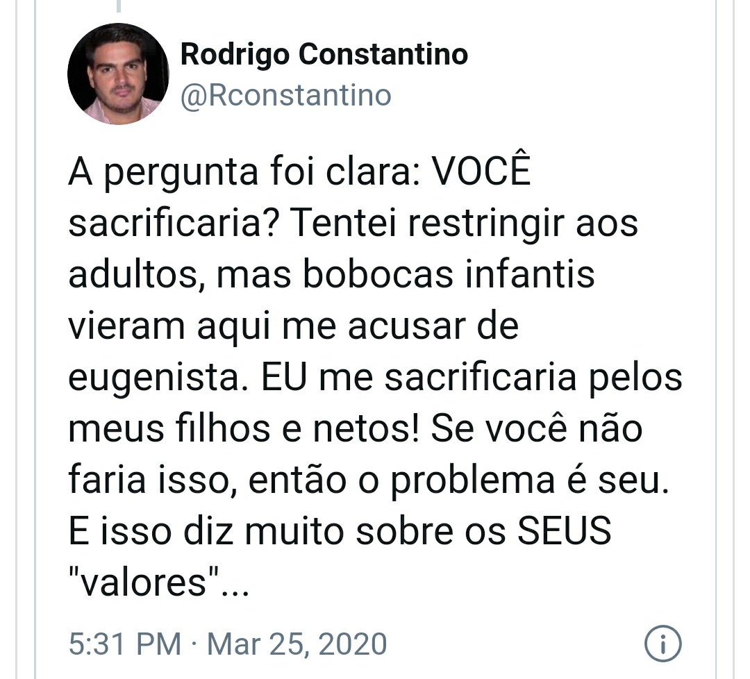 Eu sei que o tt é de março, mas esses  pensamentos são atemporais...
Hj já sabemos q o virús n mata apenas idosos, mas idade n faz de ngm menos importante ou "descartável".
Estão "expondo" uma desumanidade, antes digna de vergonha!
Pq hj é tão "normal"?
O q houve c o mundo?
😟😢