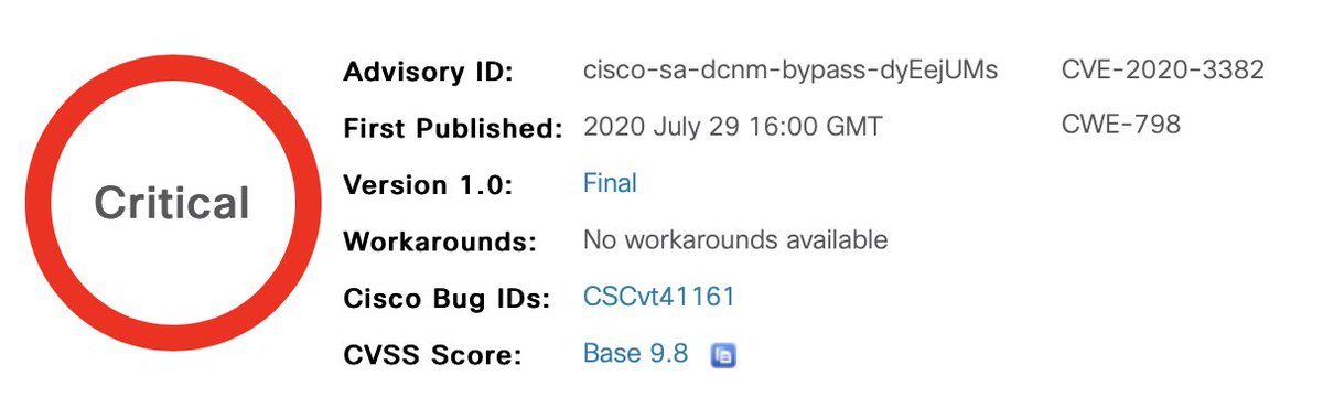 Cisco_East_SE's tweet photo. 🔐Cisco Security Advisory
Cisco Data Center Network Manager Authentication Bypass Vulnerability
#infosec #DCNM
https://t.co/7XtKgw2Zgo https://t.co/PhKpqQ7MxE