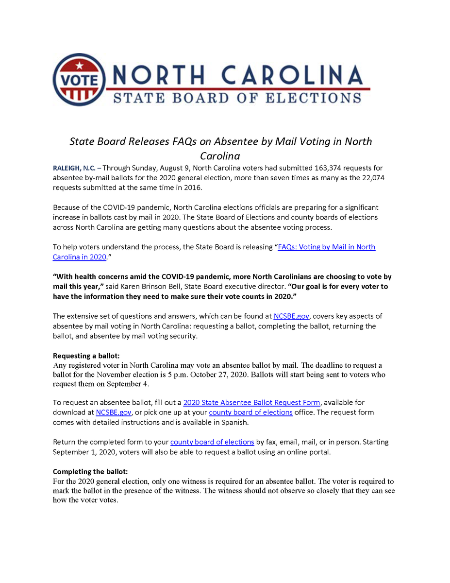 NCSBE's tweet photo. RELEASE: State Board Releases FAQs on Absentee by Mail Voting in North Carolina 

#ncpol #YourVoteCountsNC https://t.co/6C6VELt56S