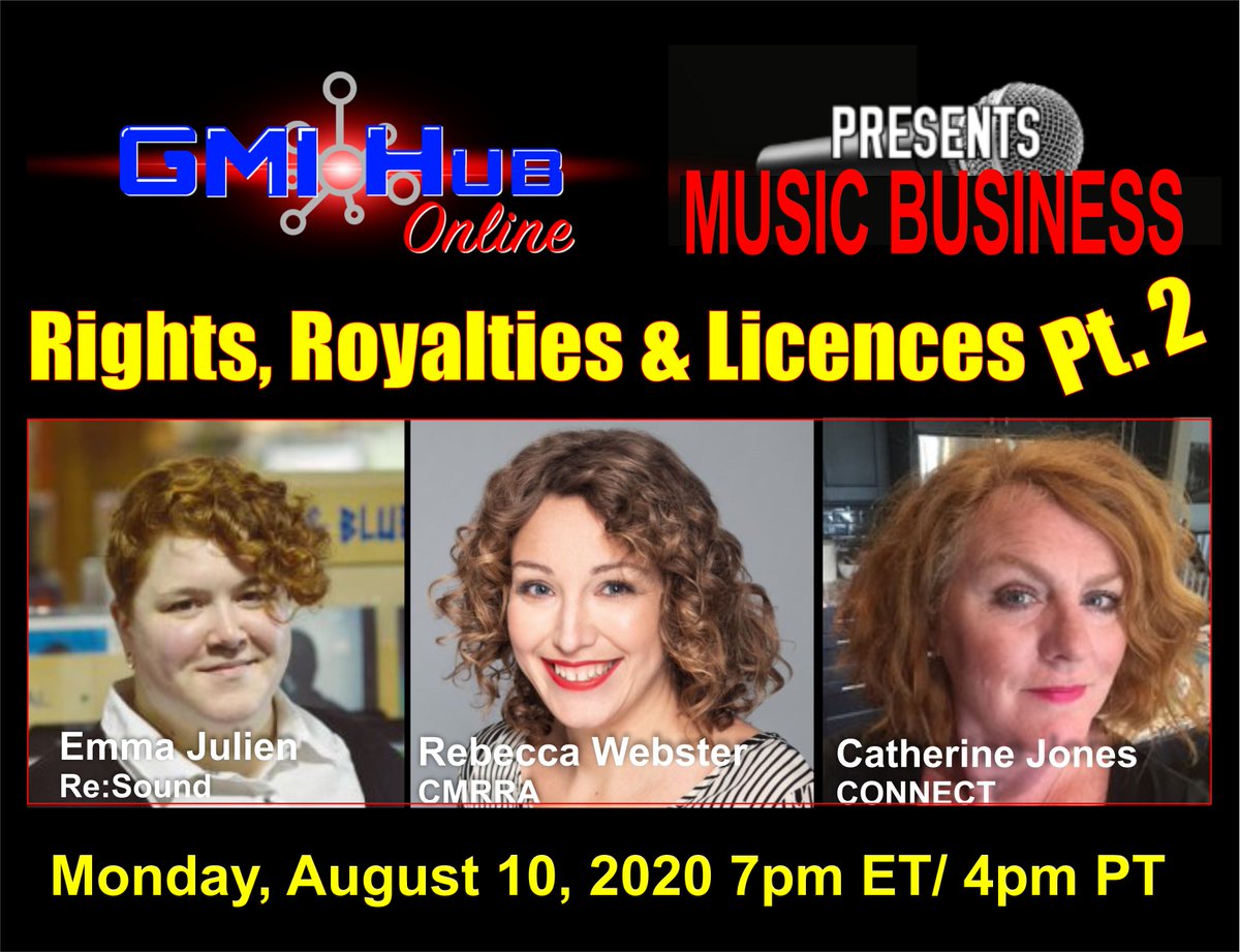 hub_gospel's tweet photo. #GMIHubonline welcomes returning panelists Rebecca Webster (@curlybecs) of @cmrrahq,  #EmmaJulien of @resoundmlc, and #CatherineJones of #connectmusiclicensing, to continue our #paneldiscussion on #Rights #Royalties &amp; #Musiclicenses.  Live tonight, 7PM ET on FB @gmihub/live https://t.co/baXOvyU9io