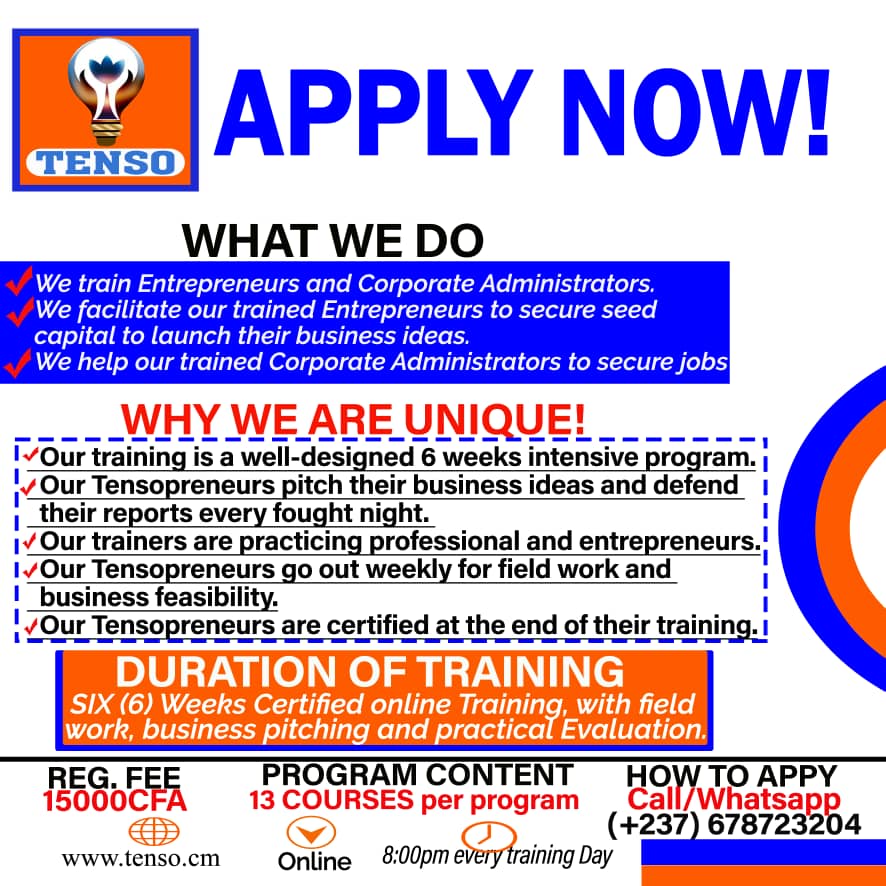 tensebaschool's tweet photo. TENSO is pleased to inform the public that the next phase of the Training of Corporate Administrators and Entrepreneurs will start on Monday 17th August 2020. Registrations close on 16th August 2020 at 10pm. Grab your chance now! 
To register, call/WhatsApp: 678723204 https://t.co/3jelEnQyoH