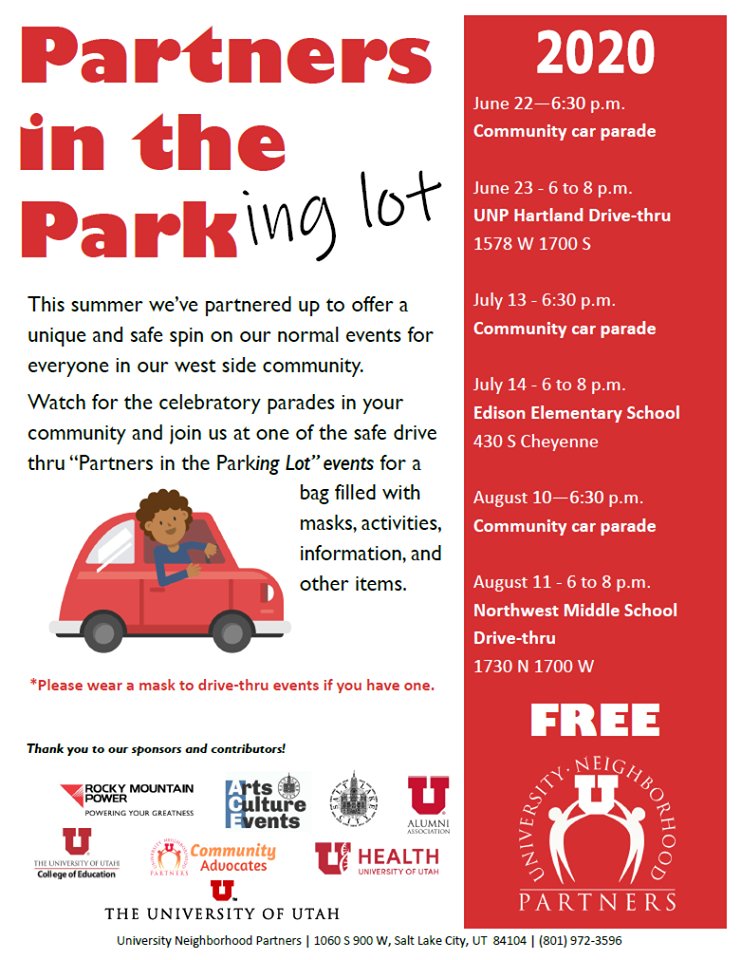nhutah's tweet photo. The final summer 2020 Partners in the Park(ing Lot) events are coming up today and tomorrow. Please plan to join us. Details about the events and a parade map below.
#nhutah #neighbrohoodhouse #partners
#unpslc #westsideslc #partnersinthepark #rosepark #westpointe https://t.co/c7iVfSsfeN