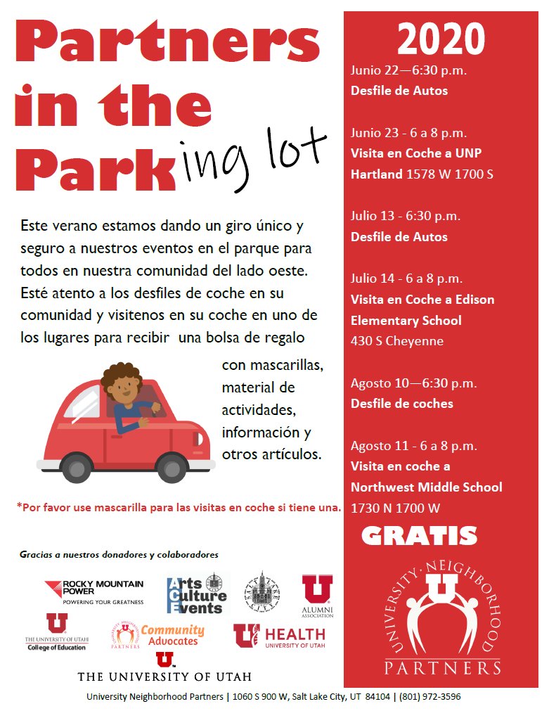 nhutah's tweet photo. The final summer 2020 Partners in the Park(ing Lot) events are coming up today and tomorrow. Please plan to join us. Details about the events and a parade map below.
#nhutah #neighbrohoodhouse #partners
#unpslc #westsideslc #partnersinthepark #rosepark #westpointe https://t.co/c7iVfSsfeN