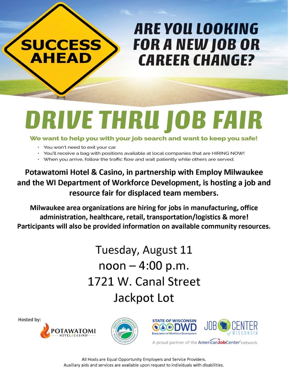 Don't miss our Drive Thru Job &amp; Resource Fair for displaced team members in our Jackpot parking lot from noon to 4 p.m. tomorrow, in partnership with <a href="/WIWorkforce/">Wisconsin Department of Workforce Development</a> and <a href="/EmployMilwaukee/">Employ Milwaukee</a>. 

We will be distributing information about local companies that are hiring now!