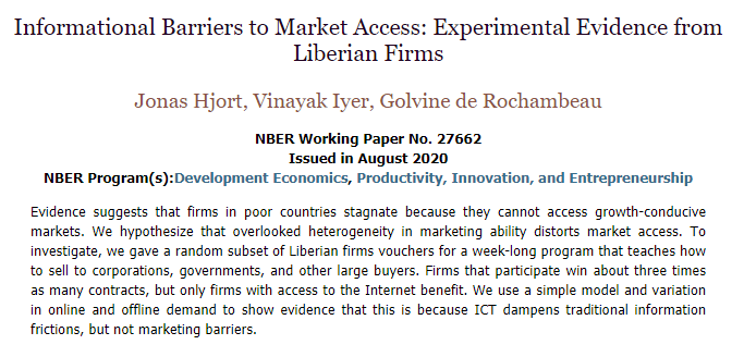 nberpubs's tweet image. Many productive firms face a limited market because they don't know how to sell their products to growth-conducive buyers, from @HjortJ, @vinayak_econ, and @GolvineL
nber.org/papers/w27662