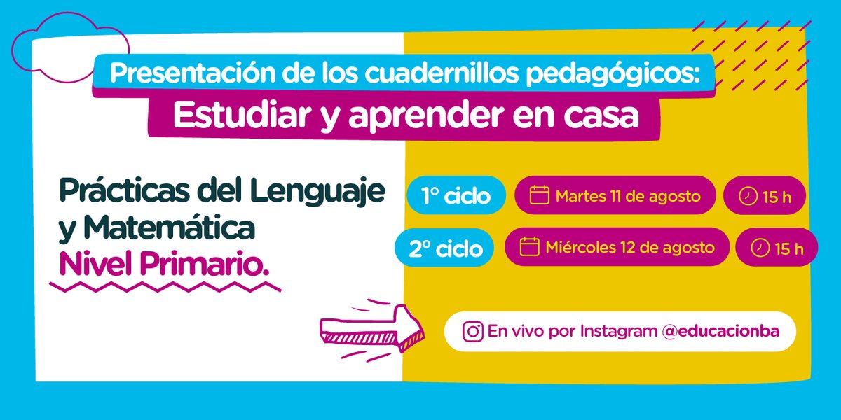 Presentamos los cuadernillos pedagógicos para estudiantes de primer y segundo ciclo de primaria.
Conocé más sumandote a las transmisiones en vivo por Instagram de @educacionba:
Martes 11 de agosto a las 15 h - Primer ciclo
Miércoles 12 de agosto a las 15 h - Segundo ciclo