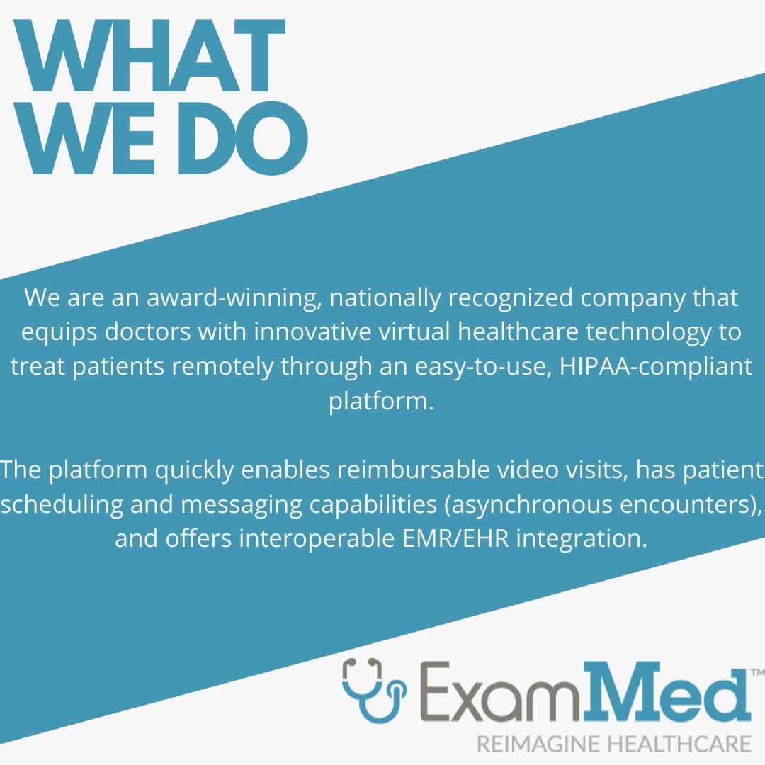 ExamMed's tweet photo. We do that...and more.
#Telemedicine #Telehealth #VirtualCare #HIPAA #ScheduleYourVisit #ExamMed
#VisitsMadeSimple #VisitsFromHome #ReimagineHealthcare #VirtualVisits https://t.co/b7TnFpv5Fn