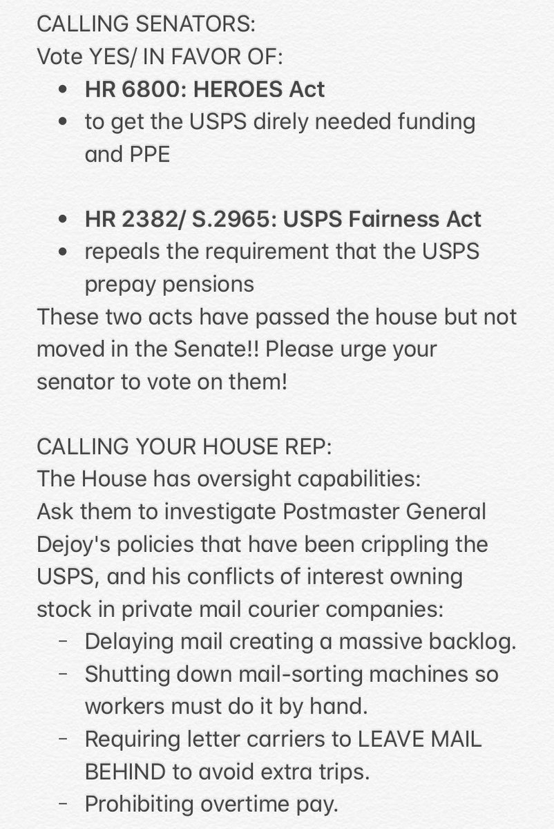 Here are some notes for calling/writing your reps about the USPS!! It can be used as a rough script!! Please share and call/write to your reps!! It only takes a few minutes thru  @resistbot  Please rt  #SaveTheUSPS  #SaveThePostalService  #SaveThePostOffice