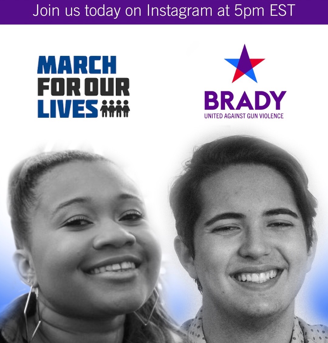 🗣🗣 TONIGHT at 5pm! 🗣🗣

<a href="/TatiMonet/">Tatiana</a> and <a href="/RobSchentrup/">Robert Schentrup</a> are going live on Instagram to talk about #VotingAccessSavesLives! 

Follow <a href="/bradybuzz/">Brady | United Against Gun Violence</a> and <a href="/AMarch4OurLives/">March For Our Lives</a> to hear about our campaign to #ProtectOurVote ✊🏾