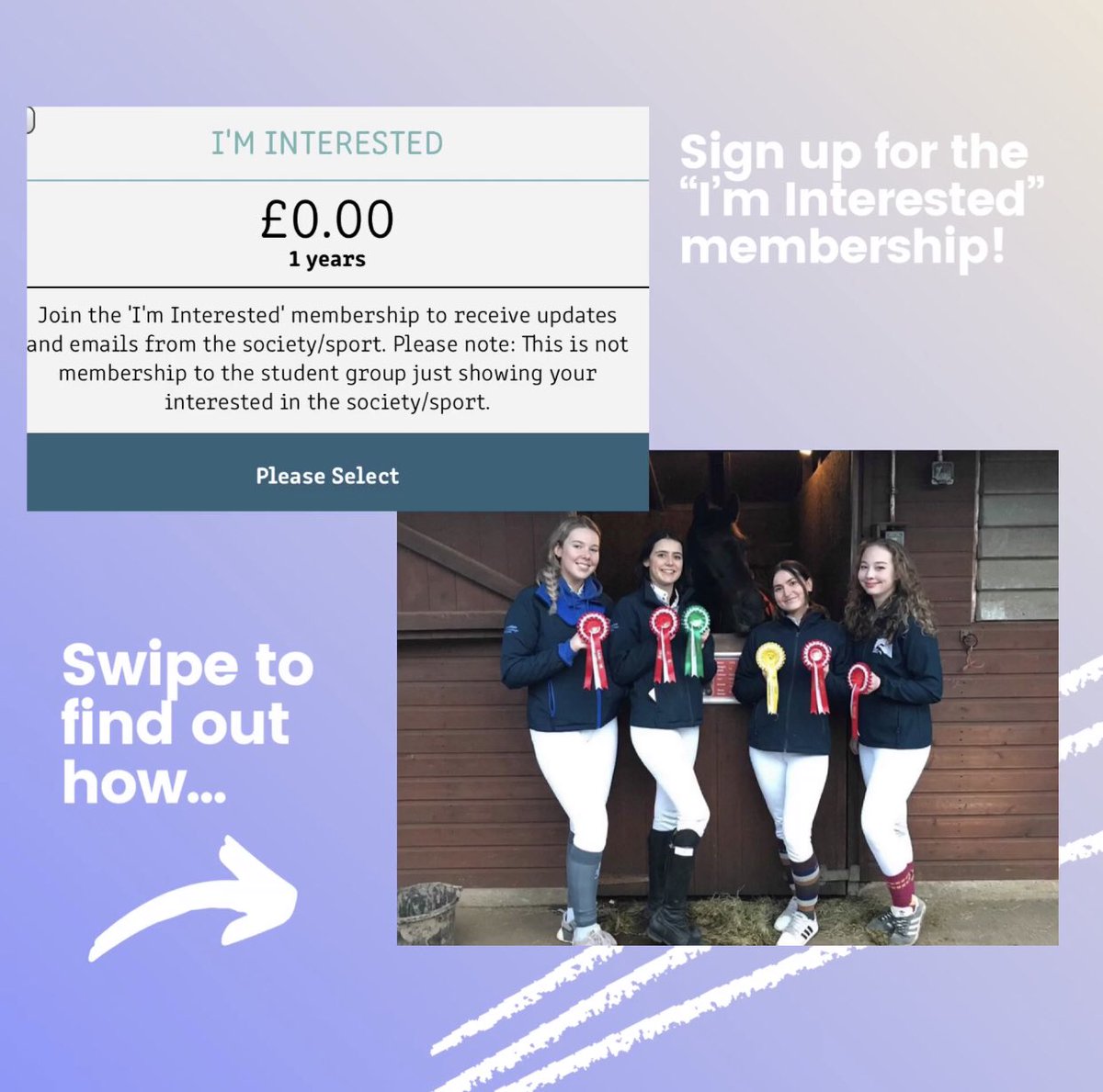 EquestrianLJMU's tweet photo. ✨CALLING ALL POTENTIAL NEW MEMBERS✨⁣
⁣
If youre considering joining us this year then register for our “I’m Interested” membership by following the steps below! More info can be found on our insta, @EquestrianLJMU https://t.co/4iBtSm1YeW