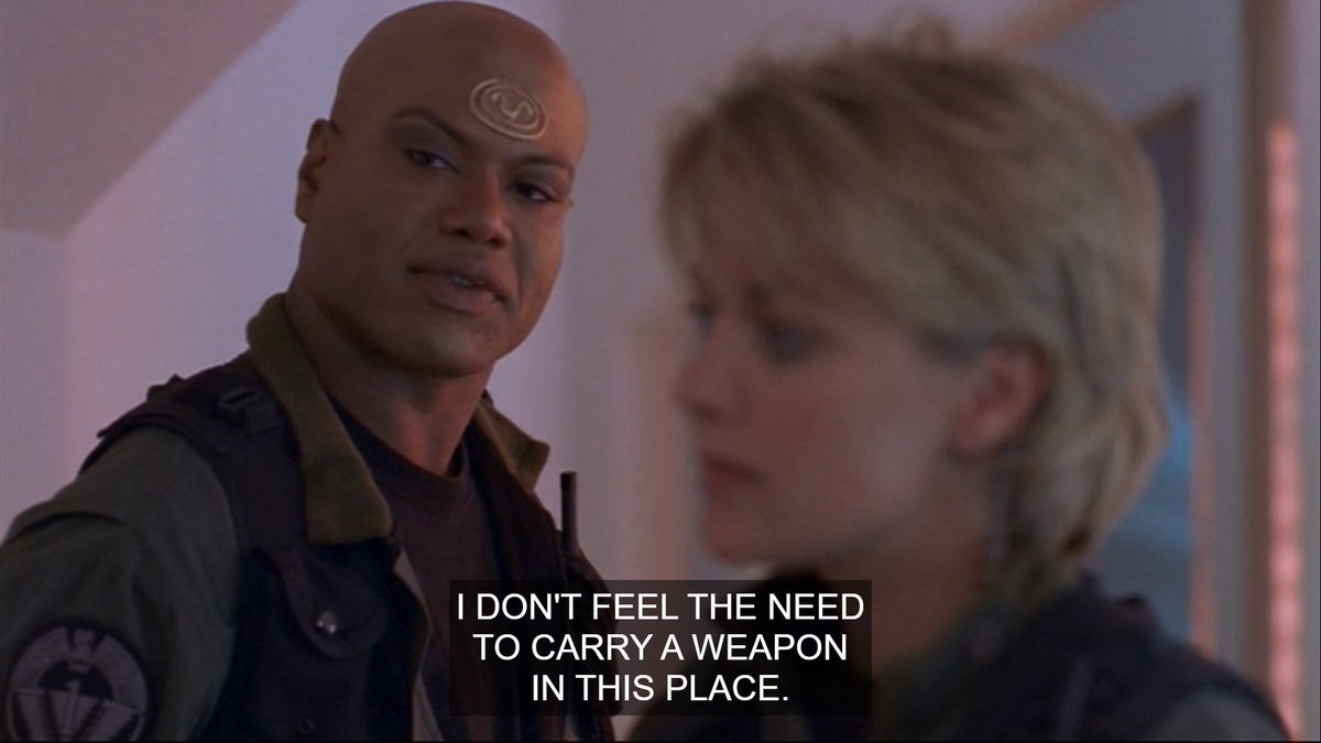 I even like this cultural addition. Teal'c, also a warrior like Jack, has spent most of his time being the scarily more advanced race & has reflected on how that looks to those he terrorized. He recognized the Tollan aren't that. Sam counters with science facts. All in character