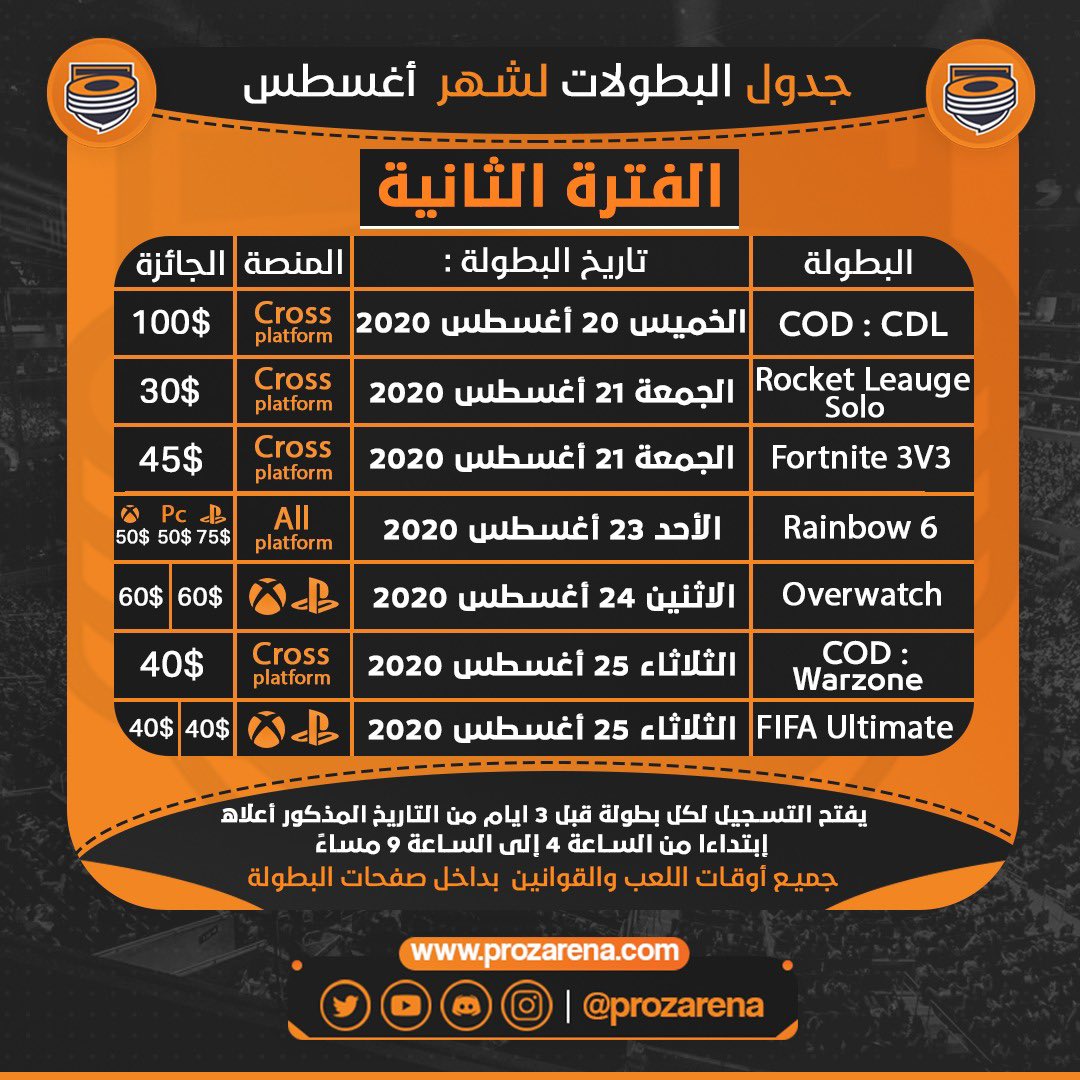 Prozarena's tweet photo. جدول بطولات شهر أغسطس وصل 🏆 تتوقعون نشوف أبطال جدد والا حاملي الألقاب يحافظون على ألقابهم؟ 🤔

سيتم لعب الفترة الأولى و بعدها الفترة الثانية و من ثم تعود الفترة الأولى و تليها الفترة الثانية و هكذا ، بالتوفيق لجميع اللاعبين و الأندية🧡
#بروز_أرينا #prozarena https://t.co/2qzlj9MRvT