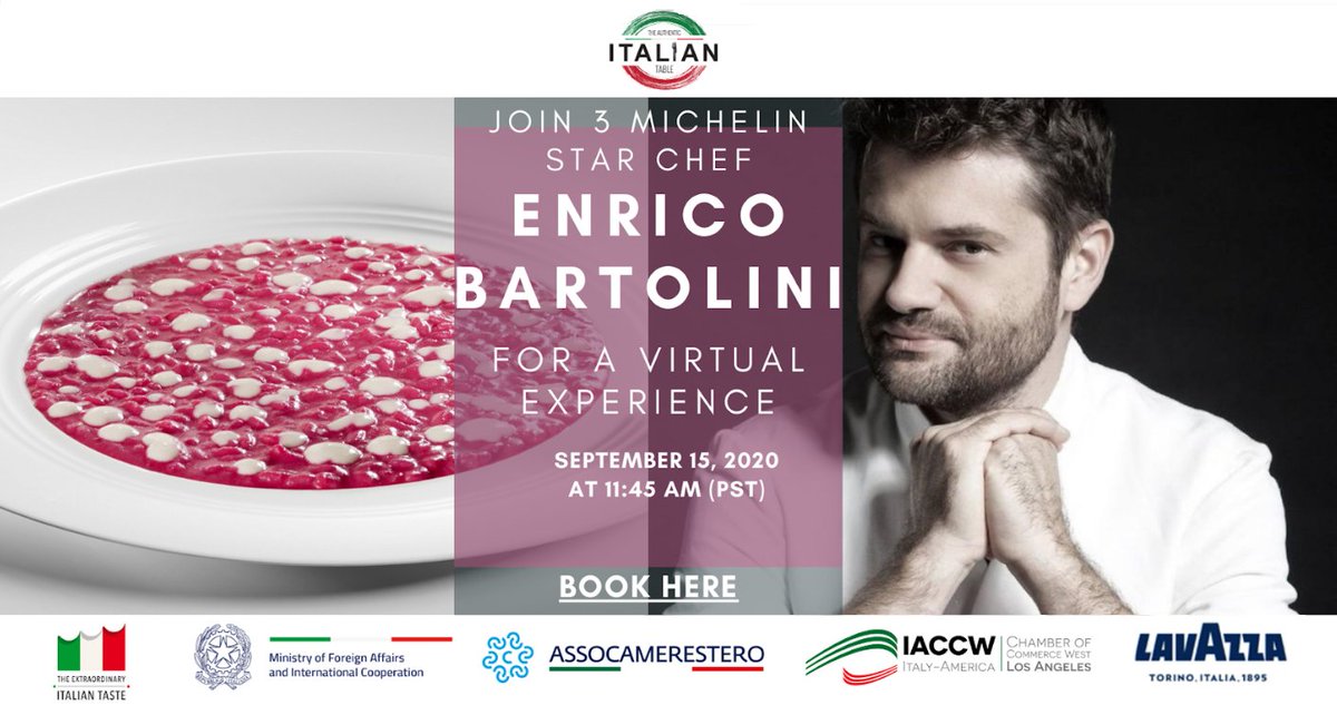 Iaccw_La's tweet photo. #TheAuthenticItalianTable #TrueItalianTaste exclusive virtual culinary experience with Michelin Star #ChefEnricoBartolini!Supported by the #MinistryofForeignAffairsandInternationalCooperation,led by #Assocamerestero with @lavazzagroup.Register via, https://t.co/YQPy5fqyA2 https://t.co/vwZXhsvutY