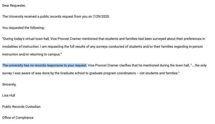 . @UWMadison finally responded to an open records request by noting that there have never been any surveys of students and/or their families regarding in-person instruction and/or returning to campus. [2/3]