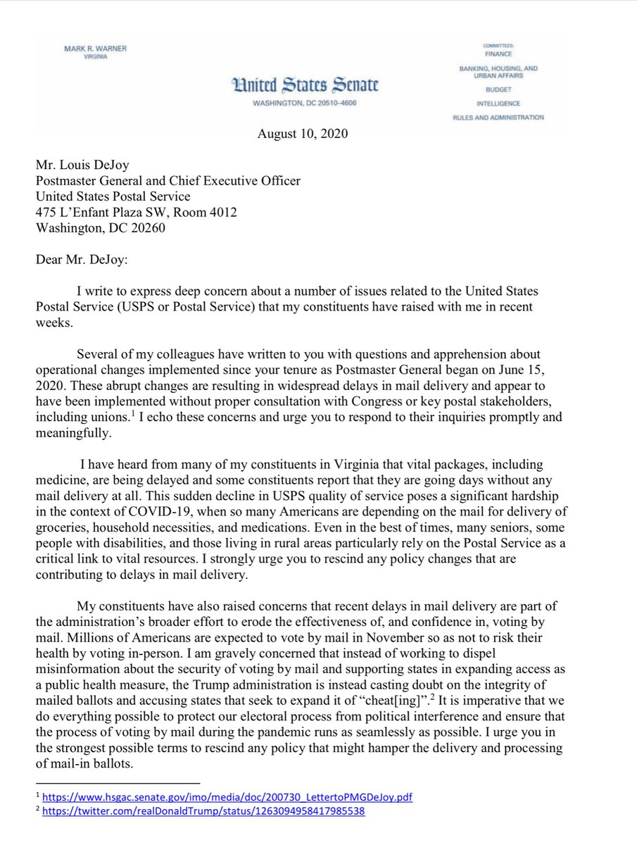 “..constituents have also raised concerns that recent delays in mail delivery are part of the administration’s broader effort to erode the effectiveness... confidence in, voting by mail. Millions of Americans are expected to vote by mail in November...” https://www.warner.senate.gov/public/_cache/files/9/b/9b222ca5-8912-4498-894c-22dada9031c8/BF77C3C2D93D46376A53AD6395760C55.8.10.20-letter-from-senator-warner-on-usps-concerns.pdf