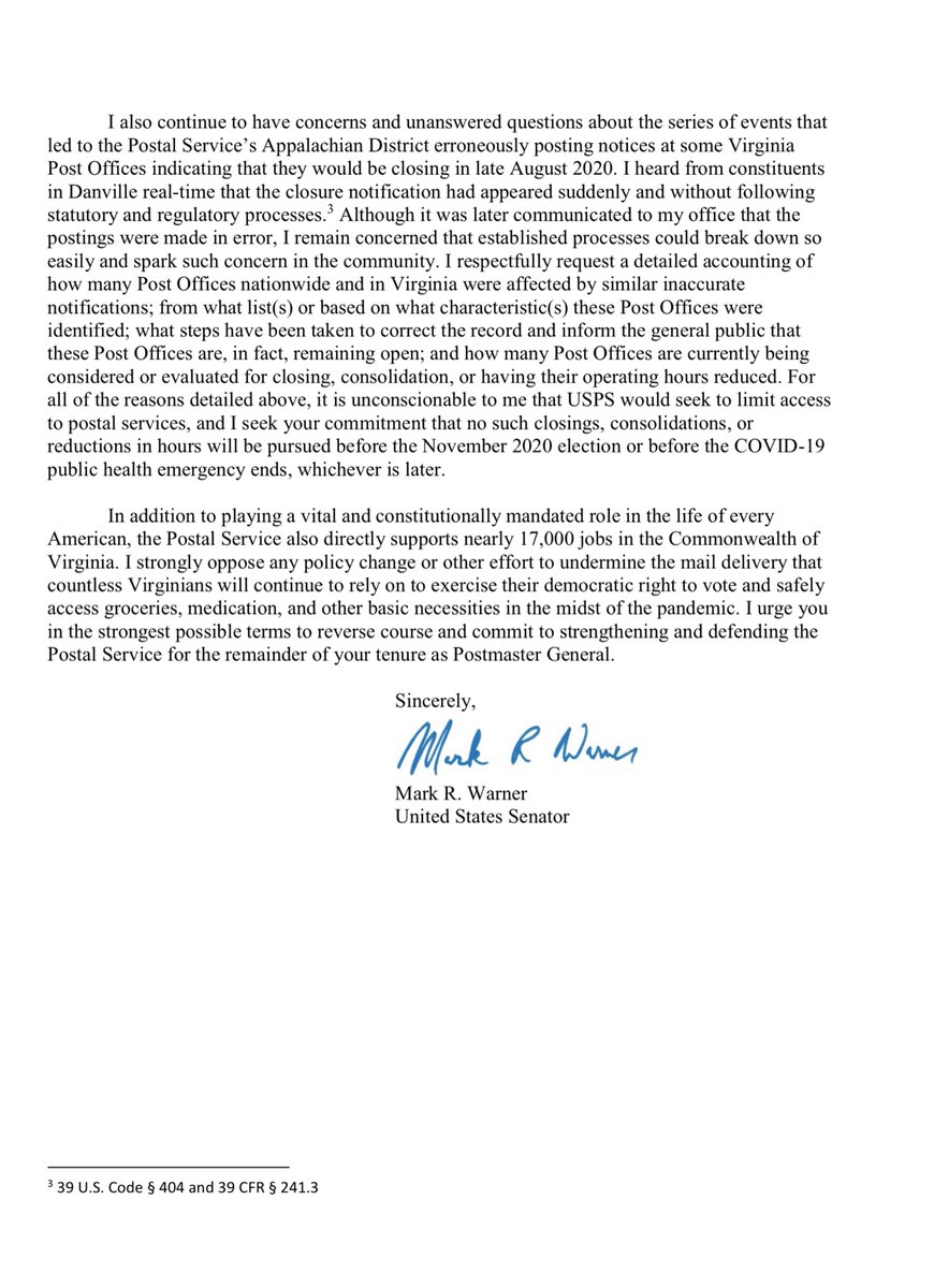 “..constituents have also raised concerns that recent delays in mail delivery are part of the administration’s broader effort to erode the effectiveness... confidence in, voting by mail. Millions of Americans are expected to vote by mail in November...” https://www.warner.senate.gov/public/_cache/files/9/b/9b222ca5-8912-4498-894c-22dada9031c8/BF77C3C2D93D46376A53AD6395760C55.8.10.20-letter-from-senator-warner-on-usps-concerns.pdf