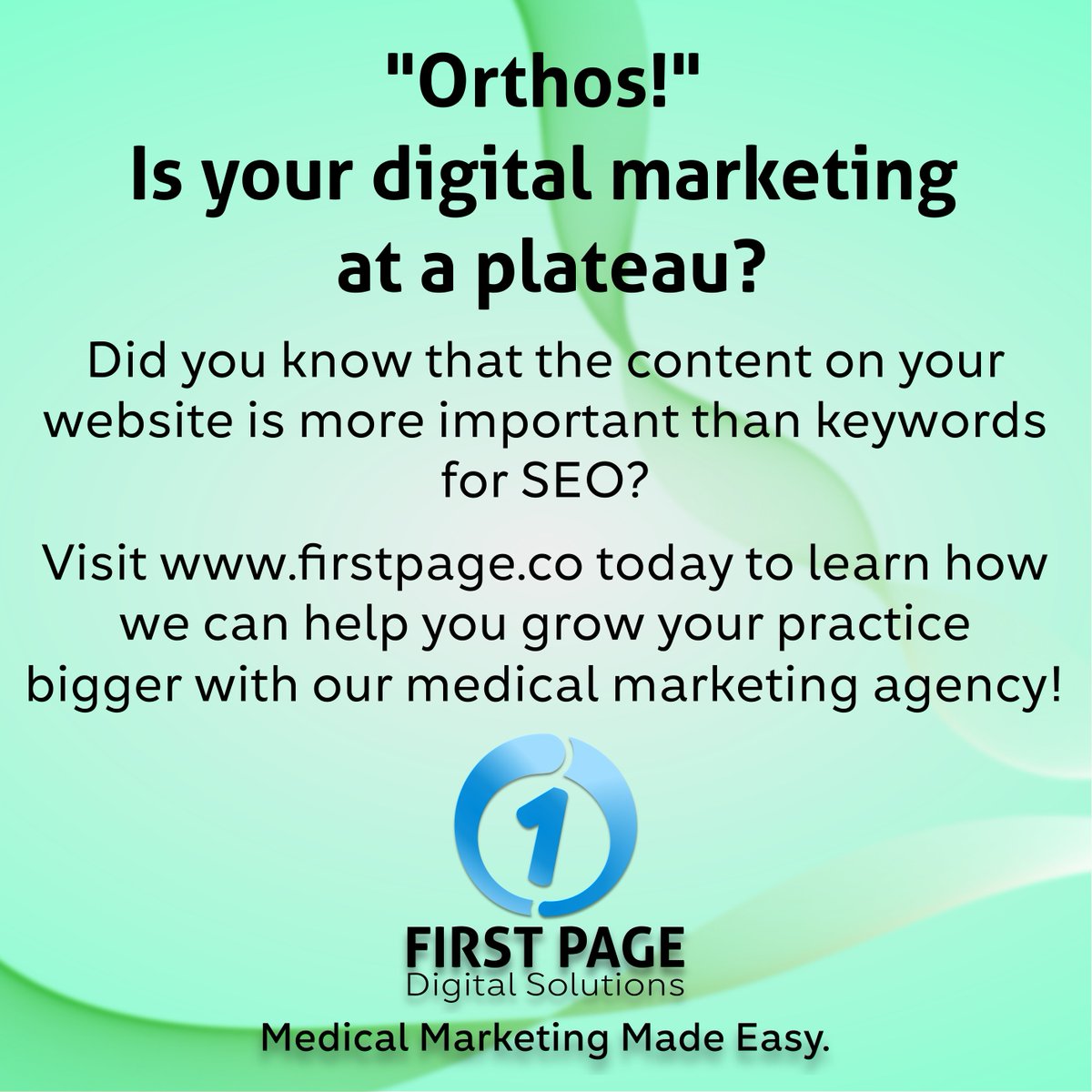 FirstPageDigit1's tweet image. "Orthos!" Is your digital marketing at a plateau?
Visit firstpage.co today to learn how we can help you grow your practice bigger with our medical marketing agency!
#orthopedicsurgeons #orthopedic #orthopedics #orthopedicsurgeon #orthopaedic #orthopaedics #Medical