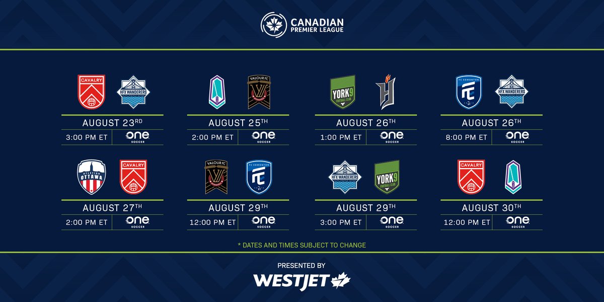 CPLsoccer's tweet photo. The 2️⃣0️⃣2️⃣0️⃣ CPL Schedule presented by @WestJet 

#CanPL l #IslandGames https://t.co/iSzSrTEOvu