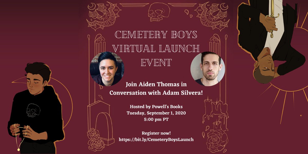 aidenschmaiden's tweet image. FRIENDS! i am SO EXCITED to announce the CEMETERY BOYS launch party hosted by @Powells!

@AdamSilvera will be joining me on Tuesday, September 1st to celebrate the release of CEMETERY BOYS at 5pm PT/ 8pm ET!

you can register NOW at bit.ly/CemeteryBoysLa…!

(RT's 💖'd!)