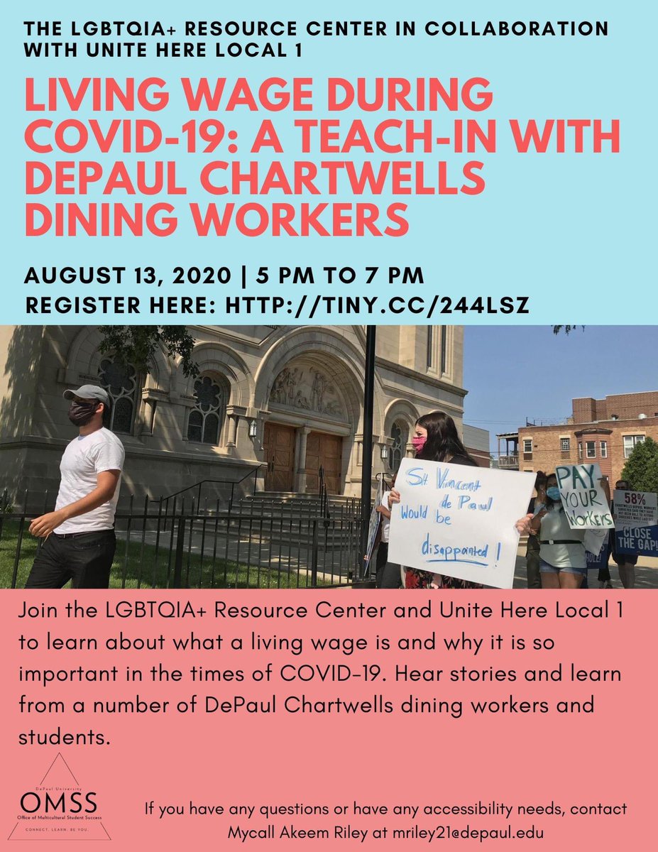 OMSSDePaul's tweet photo. Join the LGBTQIA+ Resource Center and Unite Here Local 1 to talk about living wages during COVID-19. Listen  and learn directly from DePaul Chartwells dining workers &amp; supporting students !!

When: August 13th from 5-7PM CST 
Register here: https://t.co/4M4wytMu8s https://t.co/SkdtSJzE4I