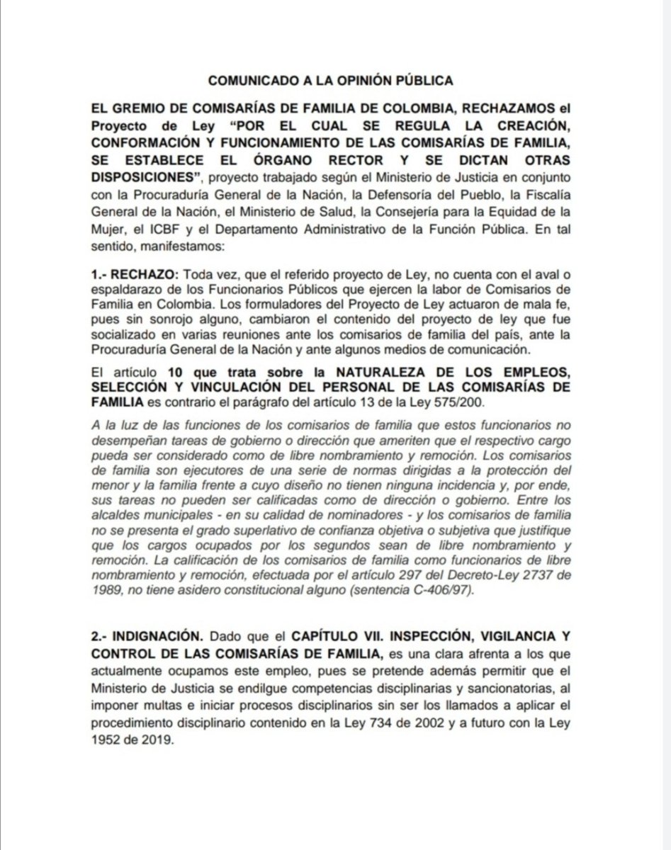 ComisariasC's tweet photo. @JuanitaLopezP83 @MinjusticiaCo @equidad_mujer @PGN_COL @ICBFColombia @DefensoriaCol @FiscaliaCol Comunicado a la opinión pública por parte de los Comisarios de Familia de Colombia. https://t.co/TFyZGg9EkM