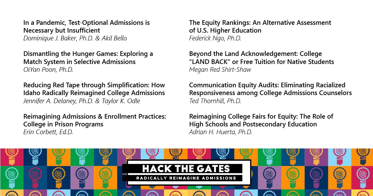 ColoStateRISE's tweet photo. FEATURED TEXTS OF THE WEEK: The eight #HackTheGates policy briefs, including one by Dr. OiYan Poon (@spamfriedrice), which radically reimagine how we do college admissions, including:
- college fairs
- application systems
- college rankings
...and more!
https://t.co/nzhuvZrTV0 https://t.co/vyaqvpQAYU