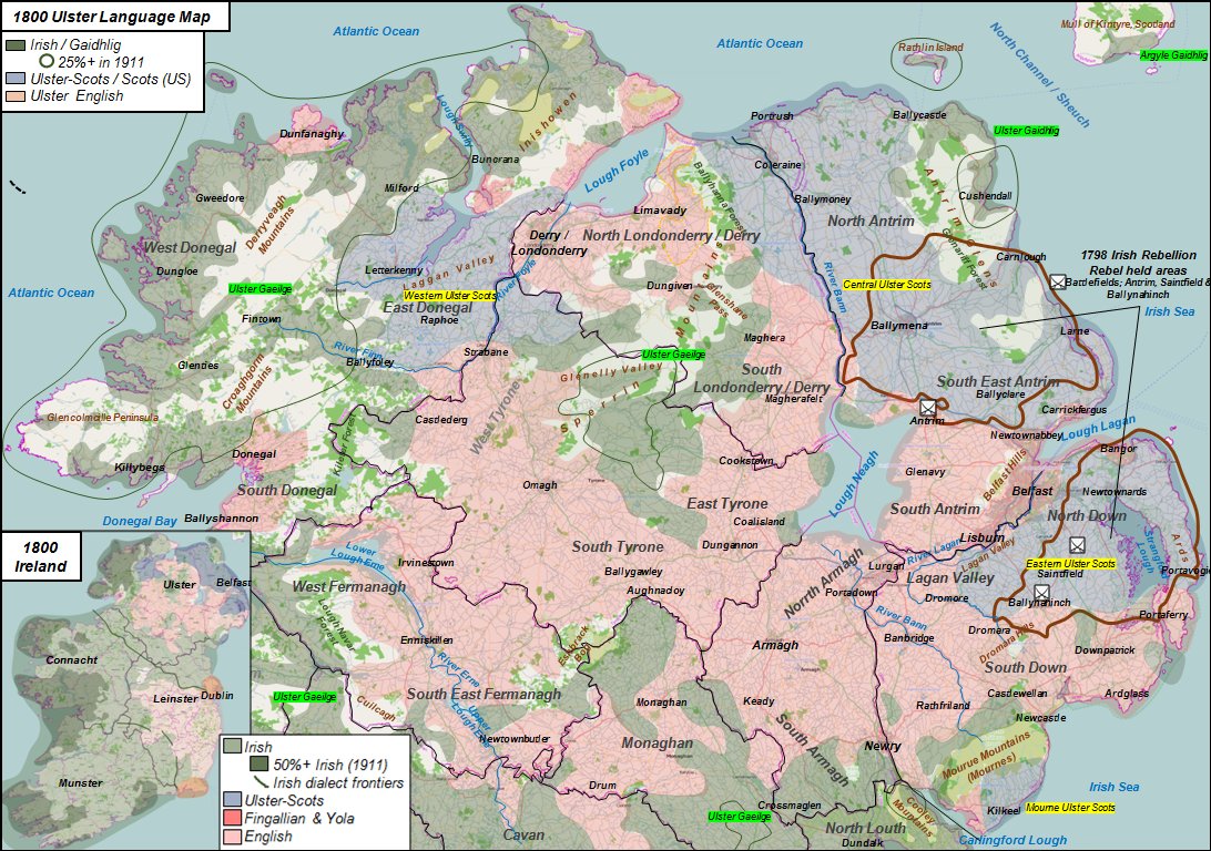 UKLanguageMaps's tweet photo. Ulster Language Speakers🗣️Map🗺️
#Ireland|#NorthernIreland
1800 & 2011🔍⬇️
•#English(Ulster/Hibernian)2️⃣m+🗣️
•Teanga #Gaeilge🟢;
*#Irish(#Gaelic)2️⃣1️⃣2️⃣k🗣️
~3️⃣0️⃣0️⃣k+ Ability📑📖✒️🗣️
•#Scots (#Ullans) Leid🔵;
*#UlsterScots 5️⃣5️⃣k+(~💯k)🗣️
~1️⃣5️⃣7️⃣k+ 📑📖✒️🗣️ https://t.co/bRyJRYKeFA