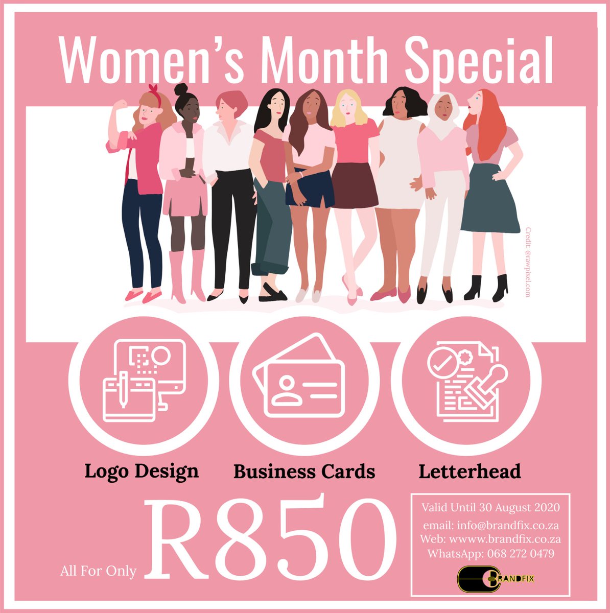 BRANDFIX_ZA's tweet photo. Get this combination of a logo design, letterhead &amp; business cards for only R850, valid until 30/08/2020.

DM us or chat to us on WhatsApp 068 272 0479, email: info@brandfix.co.za.

For any brand requirements, visit our website on https://t.co/ae0PZ6FNbL
#womensmonth2020 https://t.co/nneDCpRybr