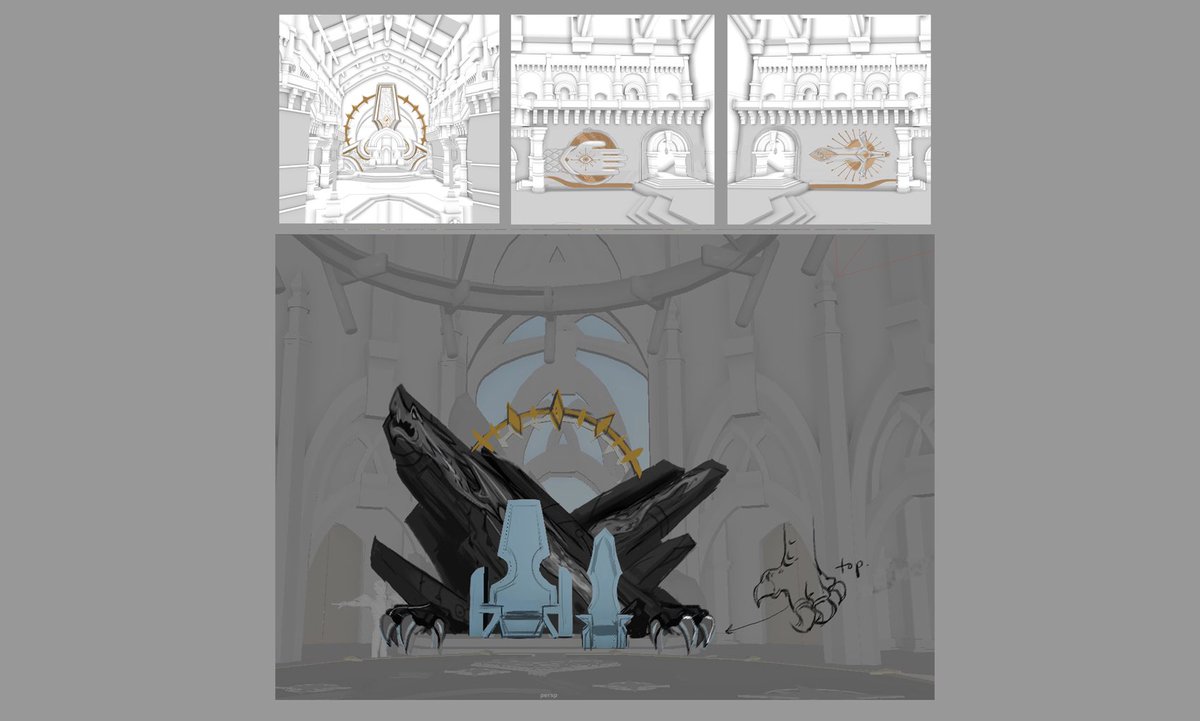 Here are my concepts the the round table, I wanted Guineveres throne to serve as a reminder that her presence drives Arthur, but I made it lower than his cause he’s an egomaniac 