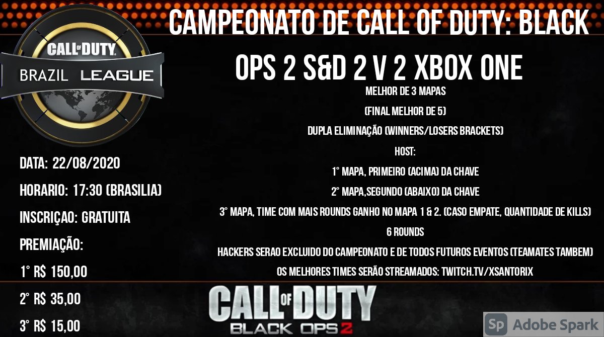 Boa tarde senhores (a). 
       É com muito prazer que digo que o nosso primeiro Campeonato foi um grande sucesso e para dar continuidade a esse trabalho, vamos fazer o proximo campeonato de um CoD muito querido pela comunidade: 
Call of Duty: Black Ops 2 (Xbox).