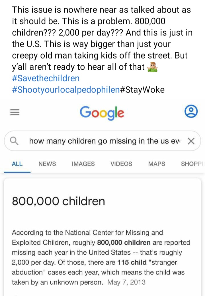 howarth_haley's tweet photo. Save OUR CHILDREN!!
stop sex trafficking!!! This is not something  you can  sweep under the rug. Our children  are more prone to  getting  kidnapped  for child sex trafficking  than to catch this virus! Open your eyes ! 
Make children a priority!!!
#fuckpedophiles https://t.co/l2v4c0kPpM